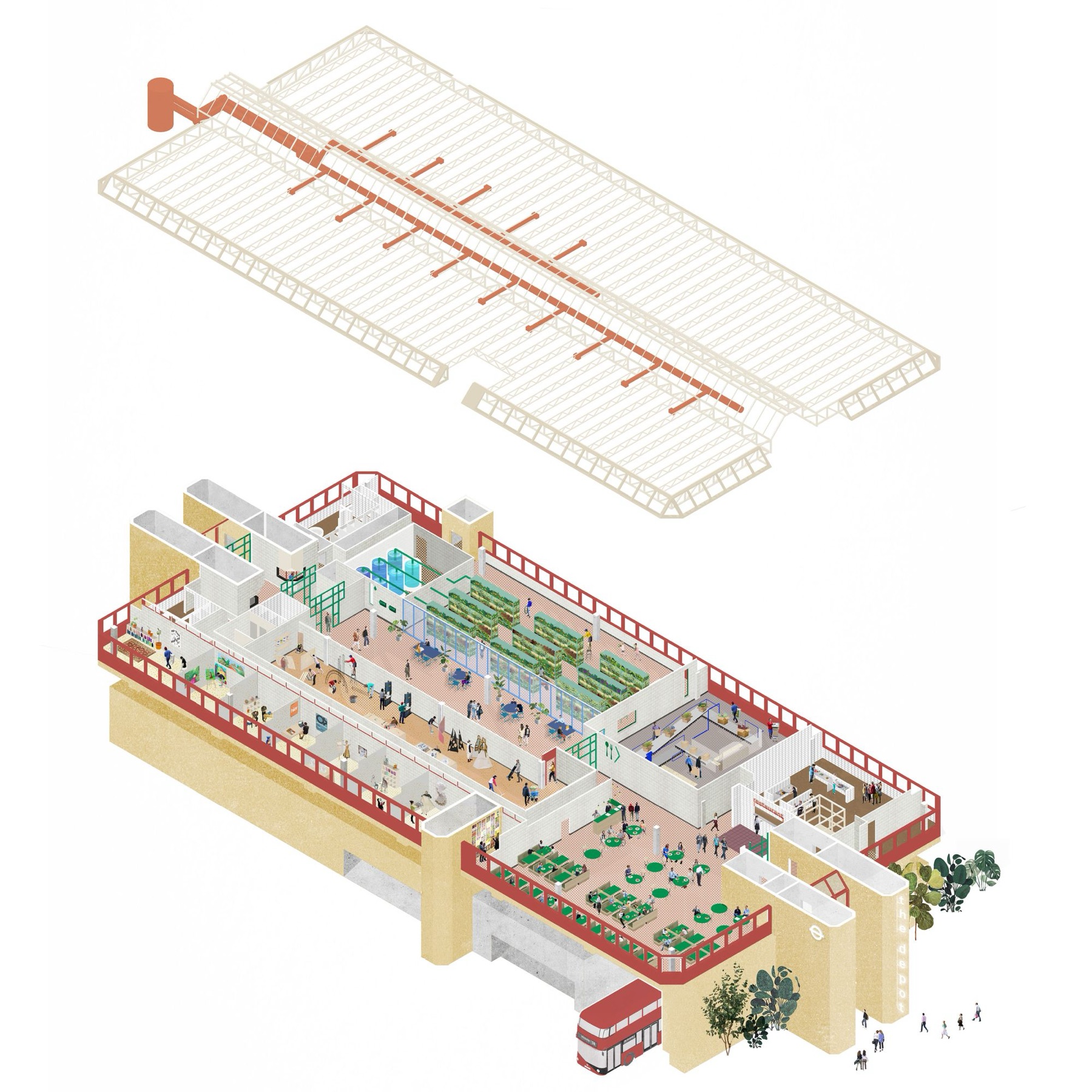 Axonometric drawing of Hackney Depot showing the roof structure and the life inside the building